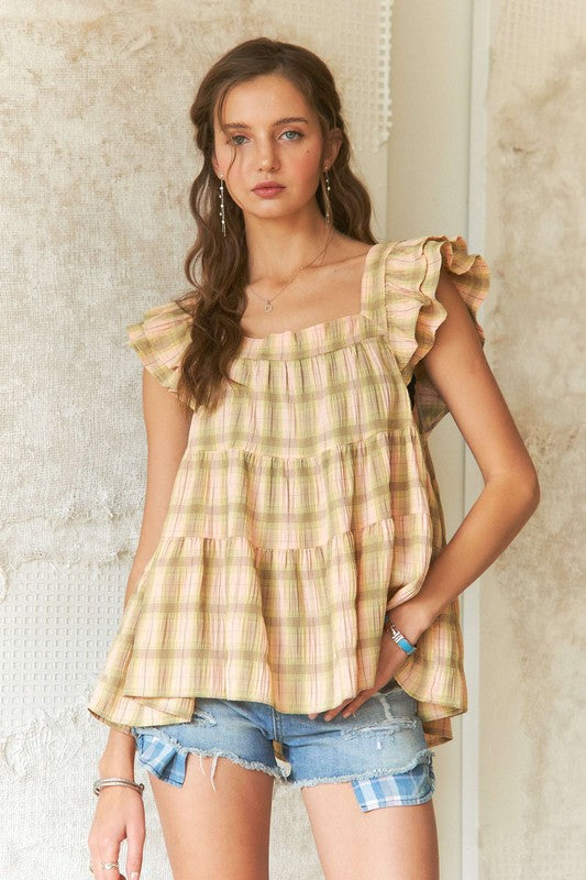 Ruffled Square Neck Cap Sleeve Babydoll Blouse