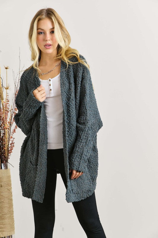 Popcorn Knit Open Front Long Sleeve Cardigan