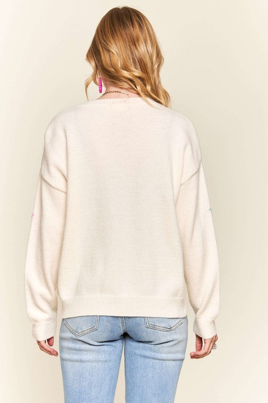 Star Pattern Round Neck Drop Shoulder Sweater