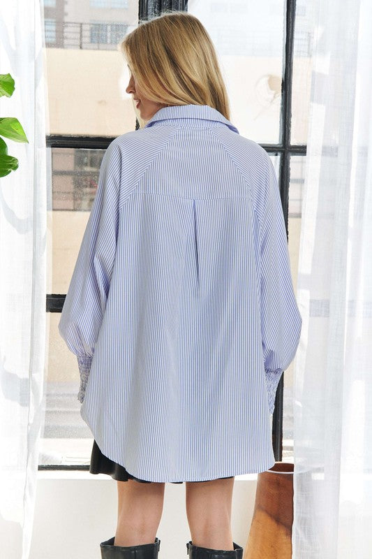 High-Low Striped Button Down Smocked Lantern Sleeve Shirt