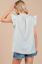 Ces Femme Plaid Notched Ruffled Cap Sleeve Blouse