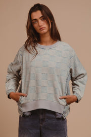 BiBi Mineral Washed Checkered Round Neck Denim Top