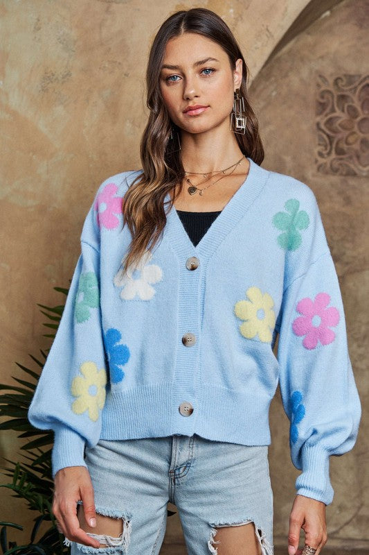 Flower Button Down Lantern Sleeve Cardigan