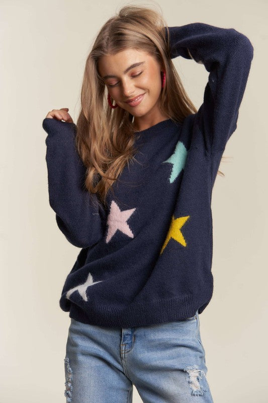 Star Pattern Round Neck Drop Shoulder Sweater