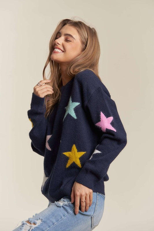 Star Pattern Round Neck Drop Shoulder Sweater