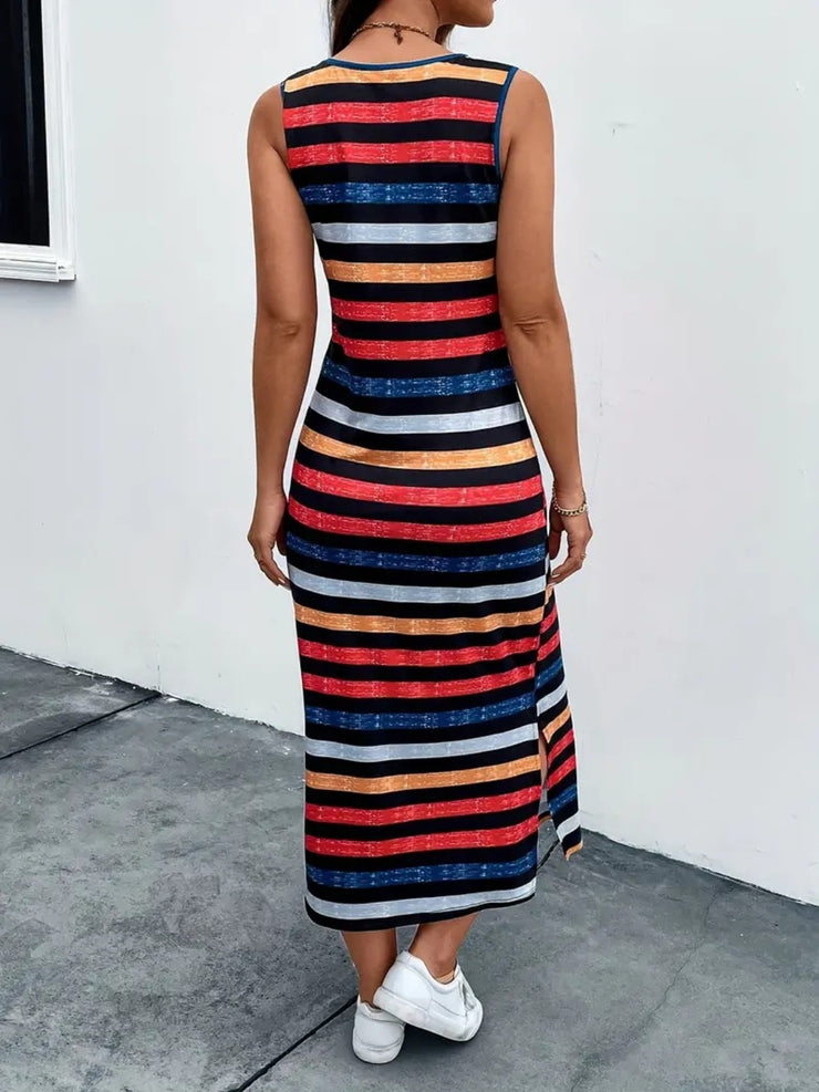 Slit Striped Round Neck Tank Dress