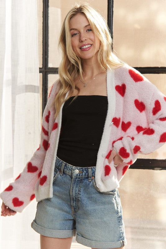 Fuzzy Heart Button Down Cardigan