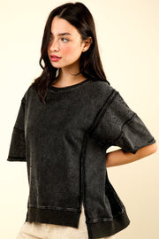 VERY J Round Neck Exposed Seam Slit T-Shirt