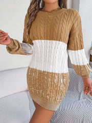 Cable-Knit Round Neck Color Block Sweater Dress