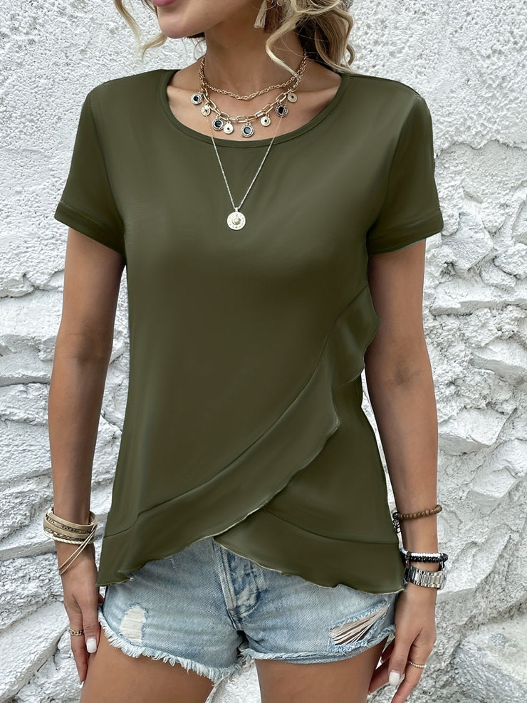 Ruffled Round Neck Short Sleeve Top