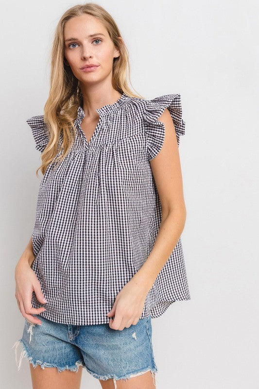 Ces Femme Plaid Notched Ruffled Cap Sleeve Blouse