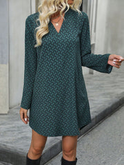 Printed V-Neck Long Sleeve Mini Dress