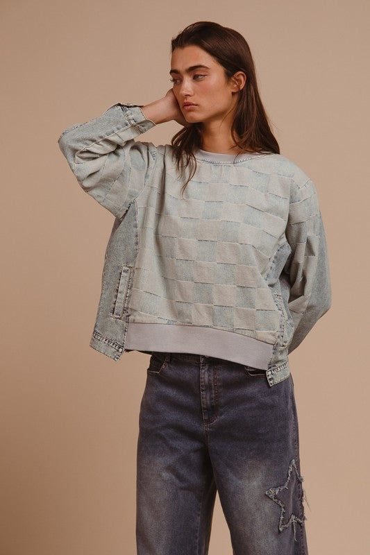 BiBi Mineral Washed Checkered Round Neck Denim Top