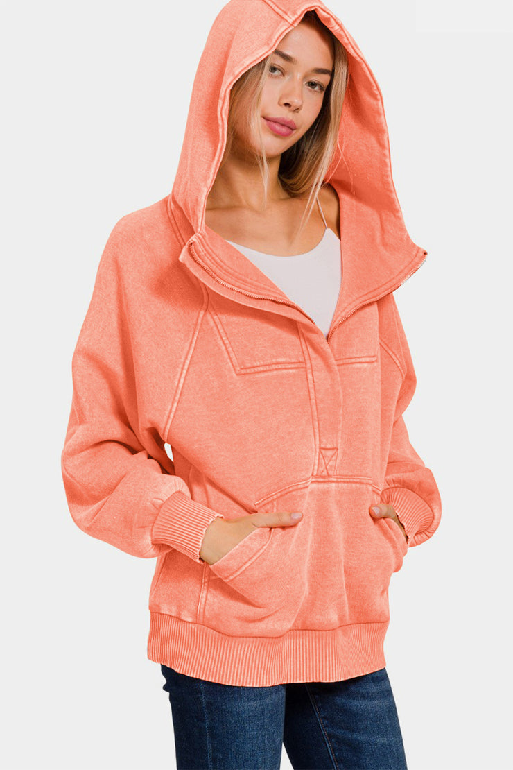 Zenana Acid Wash Fleece Kangaroo Hoodie