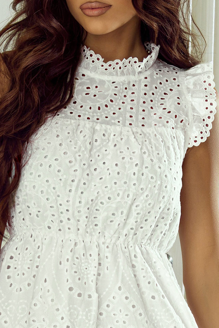 Eyelet Ruffled Cap Sleeve Mini Dress