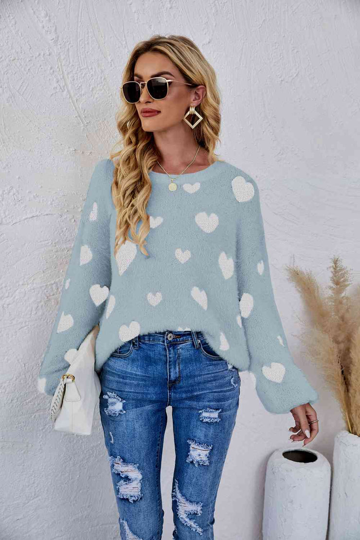 Woven Right Heart Print Fuzzy Crewneck Long Sleeve Sweater