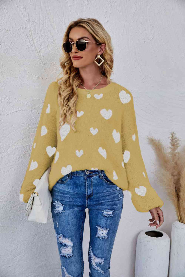 Woven Right Heart Print Fuzzy Crewneck Long Sleeve Sweater