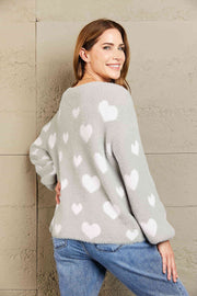 Woven Right Heart Print Fuzzy Crewneck Long Sleeve Sweater