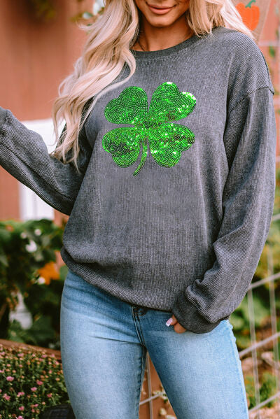 Lucky Clover Sequin Round Neck Sweatshirt