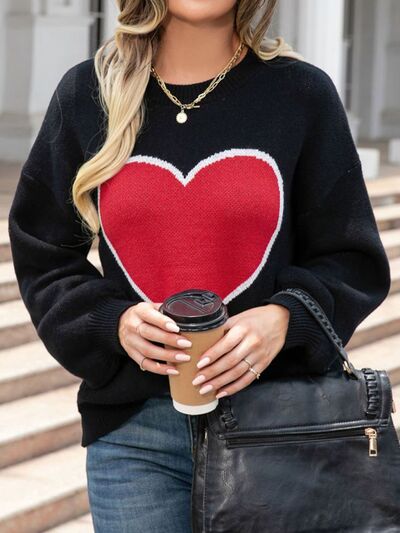 Heart Round Neck Long Sleeve Sweater