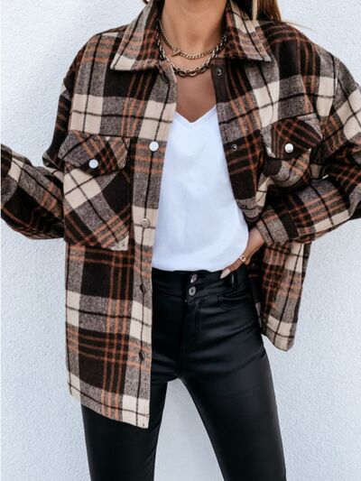 Pocketed Plaid Snap Down Dropped Shoulder Jacket