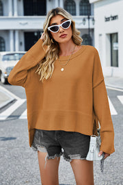 High-Low Slit Round Neck Long Sleeve Sweater