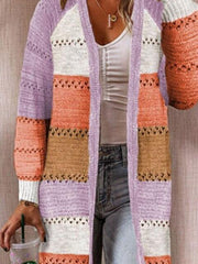 Color Block Open Front Openwork Cardigan