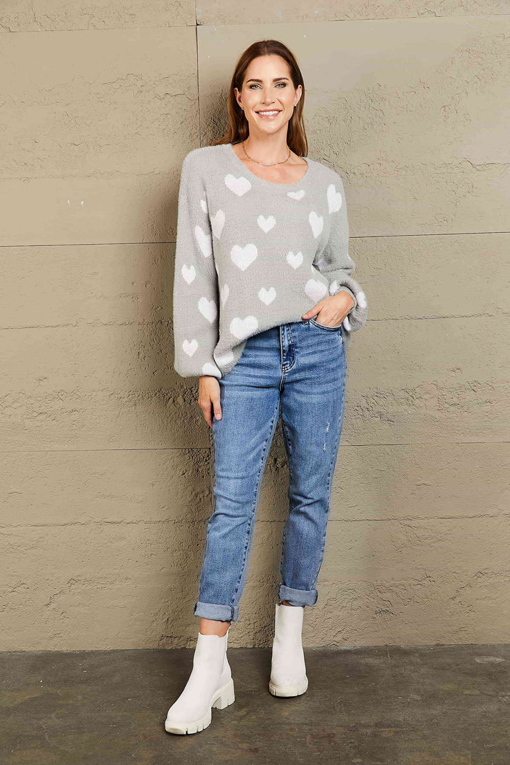 Woven Right Heart Print Fuzzy Crewneck Long Sleeve Sweater