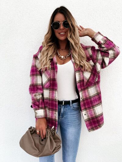 Pocketed Plaid Snap Down Dropped Shoulder Jacket