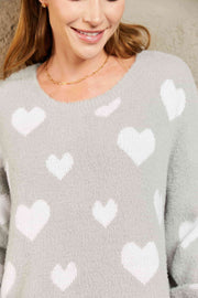 Woven Right Heart Print Fuzzy Crewneck Long Sleeve Sweater