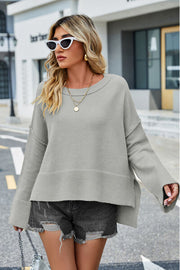 High-Low Slit Round Neck Long Sleeve Sweater