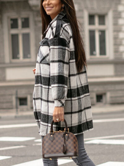 Pocketed Plaid Button Up Dropped Shoulder Shacket