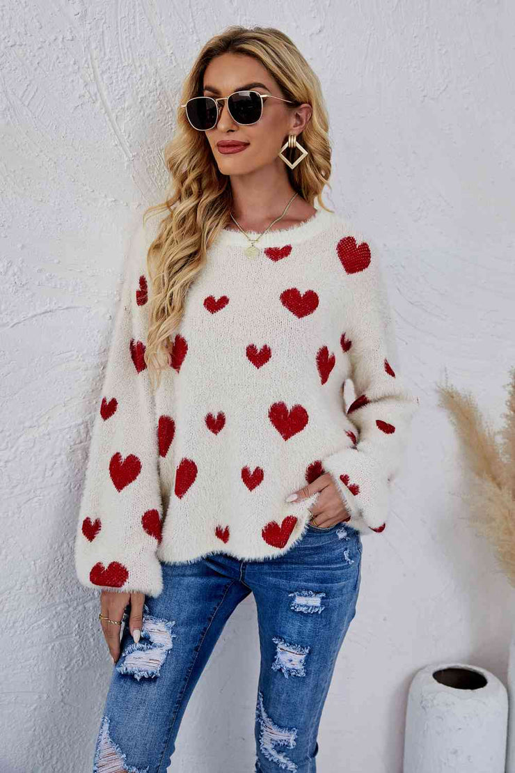 Woven Right Heart Print Fuzzy Crewneck Long Sleeve Sweater