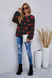 Woven Right Heart Print Fuzzy Crewneck Long Sleeve Sweater