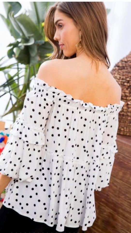 Trendy off the shoulder ruffle polka dot print top